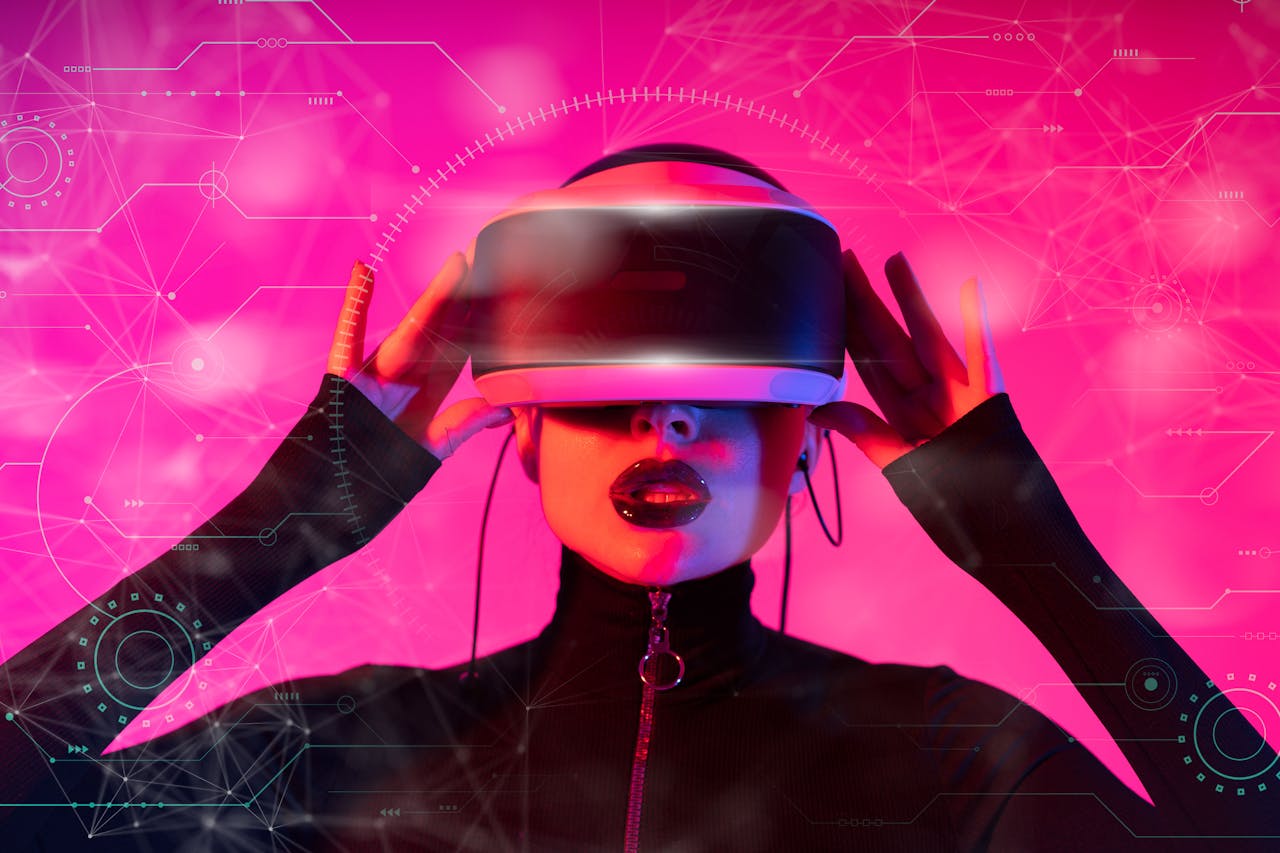 heros-img A stylish woman interacts with futuristic VR technology in a vibrant setting.